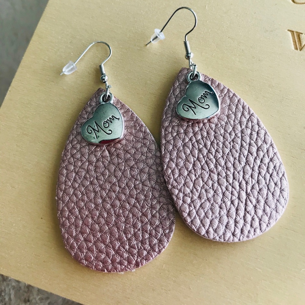 Leather “mom” earring with silver charm